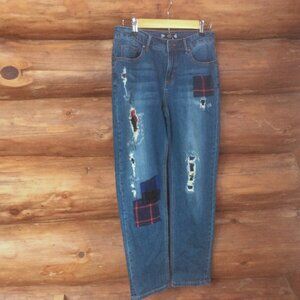 Tru Luxe Plaid Distressed Patchwork Festival Straight Leg Denim Jeans Size 28/6